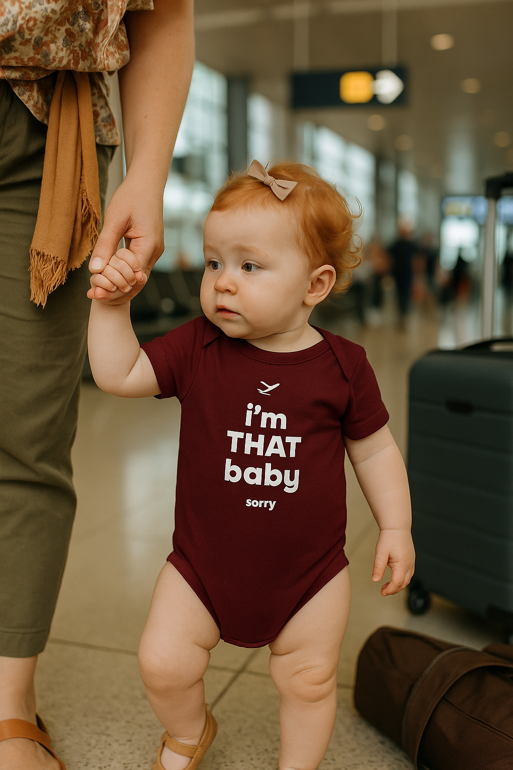 Baby in a maroon onesie with text in an airport setting