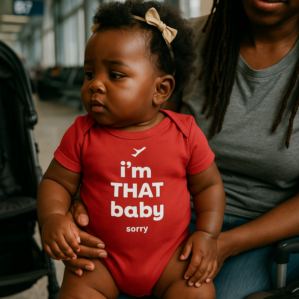 Baby in a red onesie with text sitting on a person's lap at an airport.