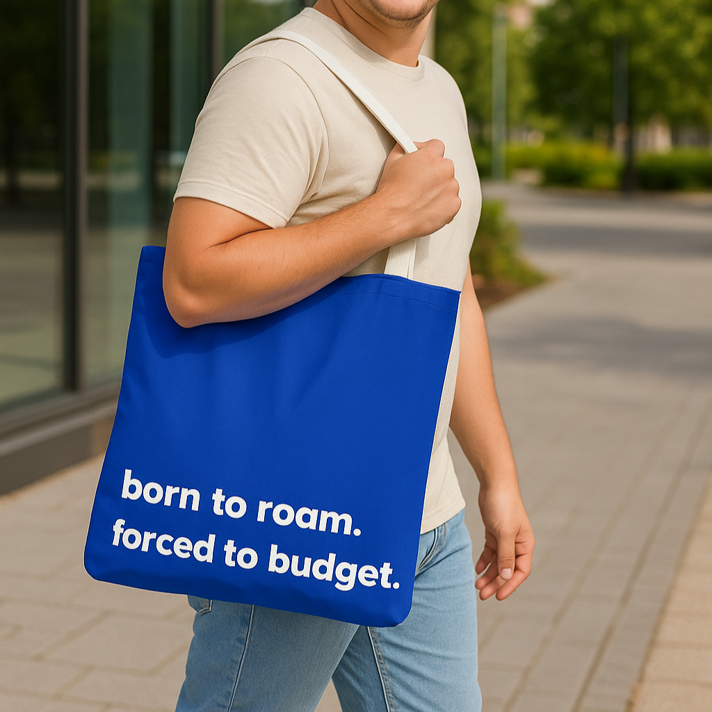 born to roam tote – blue
